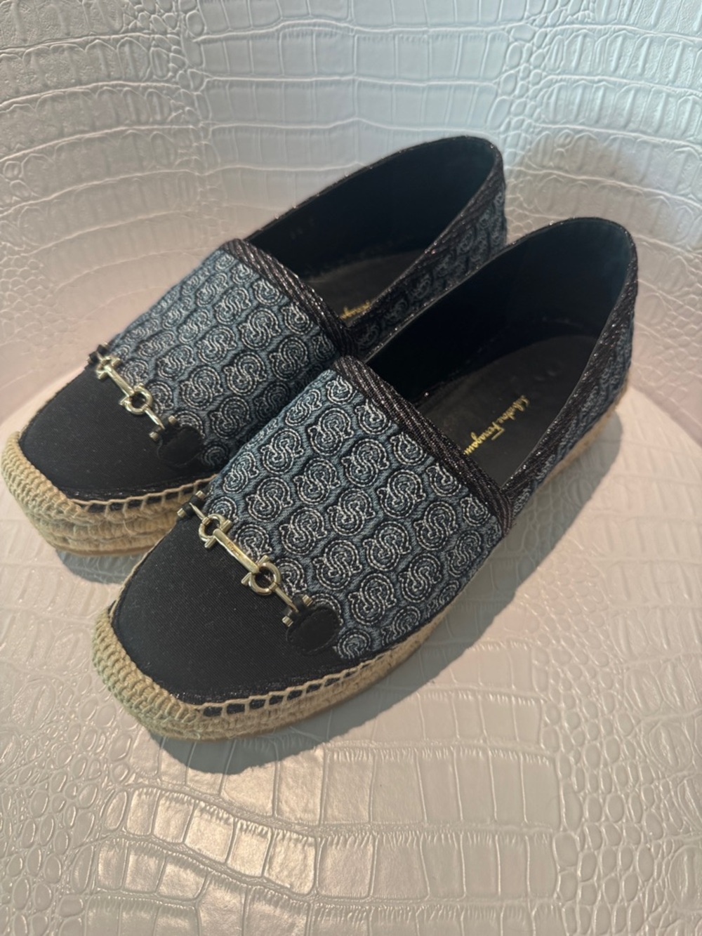 Salvatore Ferragamo Denim Patterned Espadrille Loafers with Gold Bit